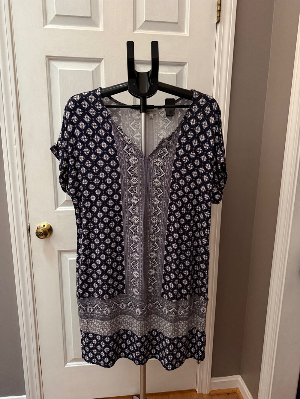 Lucky Brand Navy and White Printed Short-Sleeve Dress